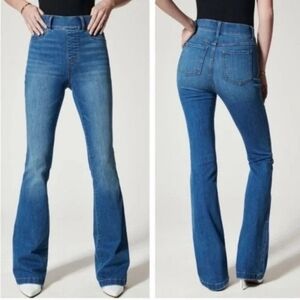 Spanx SZ M Blue Pull On Stretch Flared Retro Jeans Pants High Rise